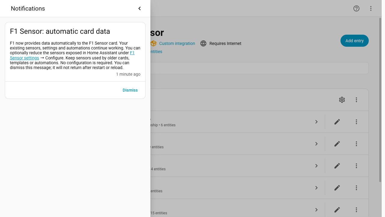 Dismissible automatic card data information in Home Assistant