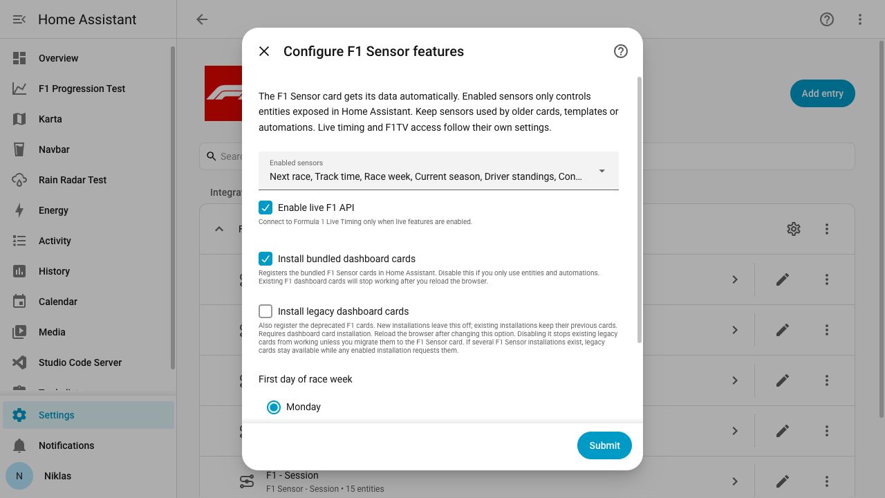 Sensor settings without a separate card data selection
