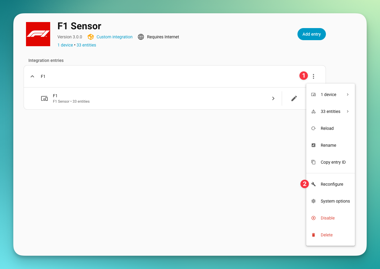 The Reconfigure action for F1 Sensor in Home Assistant
