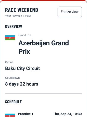 F1 Sensor Race weekend card showing the Azerbaijan Grand Prix, circuit, countdown and schedule