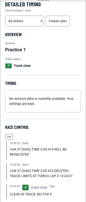 F1 Sensor session card during an Abu Dhabi Practice 1 replay with overview, timing and Race Control modules