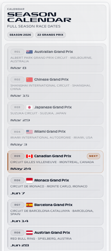 Season Calendar card showing its dashboard layout